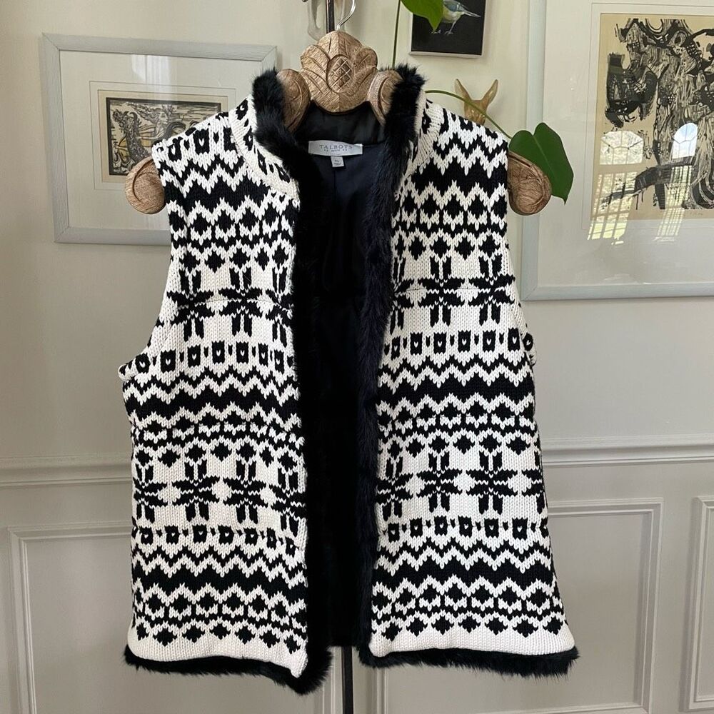 Talbots Black White Fair Isle Sweater Vest Fur Trim M Petite